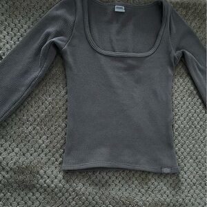 Gilly Hicks Gray Waffle Knit Square Neck Long Sleeve Top